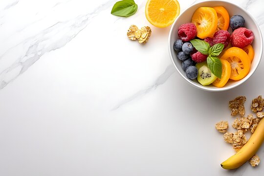 Colorful Fresh Fruit Bowl with Assorted Berries, Citrus, Banana, and Granola on White Marble Background