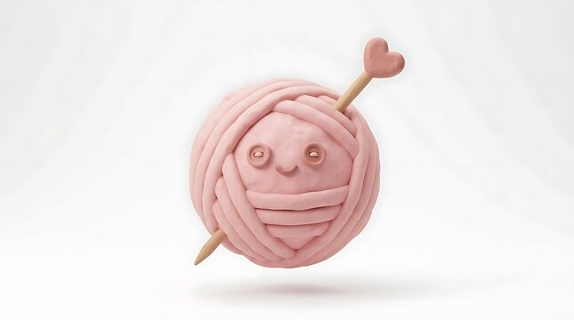 Pink yarn ball character with heart knitting needle.