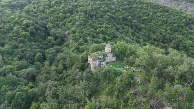 4K Aerial View of Arakelots Monastery Surrounded by Forest in Acharkut, Tavush, Armenia.