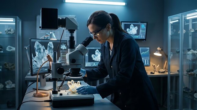 Female scientist examining mineral crystal using laboratory microscope.