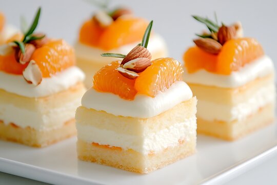 Delicate Citrus Dessert Squares with Cream, Fresh Orange, Almonds, and Rosemary Garnish