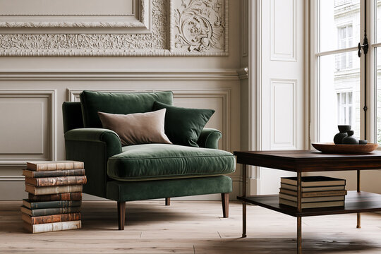 Living room with emerald velvet armchair and mahogany coffee table. Warm morning light highlights classic interior details