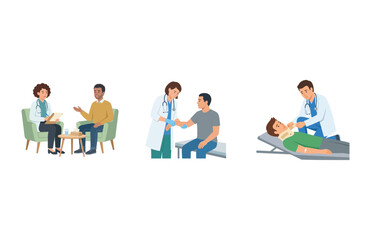 Fototapeta premium Diverse Medical Professional Consultations and Emergency Patient Care Healthcare Scenarios Set