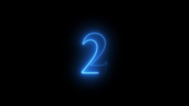 Glowing blue neon number 2 on black background, luminous numeric sign 4k video.Abstract glowing blue color neon text 2 number countdown icon animation.