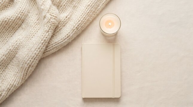 Cozy still life with candle notebook and knitted blanket for world mental health day