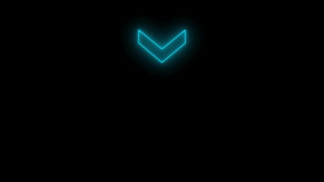 Cyan Neon Glowing Downward Chevron Arrow Icon on Black Background, Futuristic Direction Indicator, Vertical Navigation Symbol, Digital Technology Graphic.