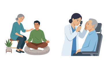 Obraz premium Senior Wellness and Medical Eye Examination Illustrations Featuring Elderly Care and Professional Vision Screening