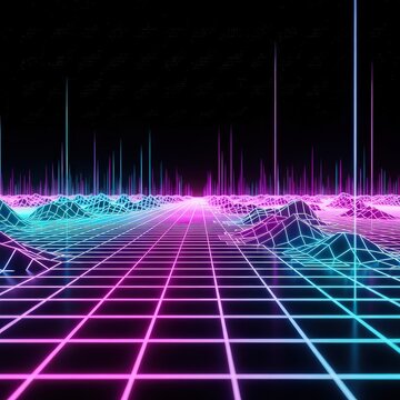 Futuristic digital grid with neon light trails and glowing particles in dark cyber space