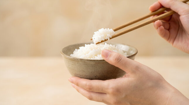 炊きたてのご飯をお茶碗に盛り箸で持ち上げる手元 湯気が立つ温かい白米 和食の食事イメージ