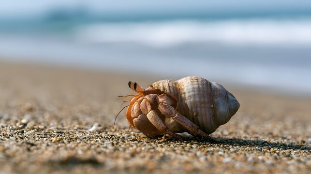 A hermit crab emerges from its shell on a sunlit sandy beach near ocean waves  showcasing natural coastal wildlife