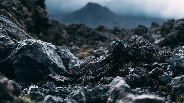A rugged terrain of dark volcanic rocks under a moody sky with distant mountain peaks barely visible through mist