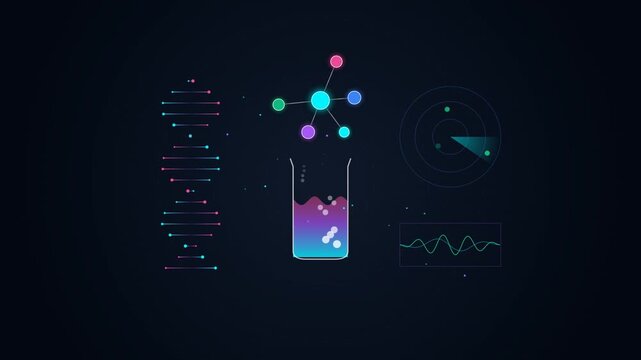 Abstract scientific research showing DNA helix, molecular structure, and data analysis on dark background
