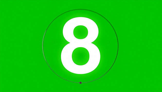 Bright White Number 8 Symbol Illuminated Inside a Dark Ring on a Vibrant Green Background with Subtle Glow Effect