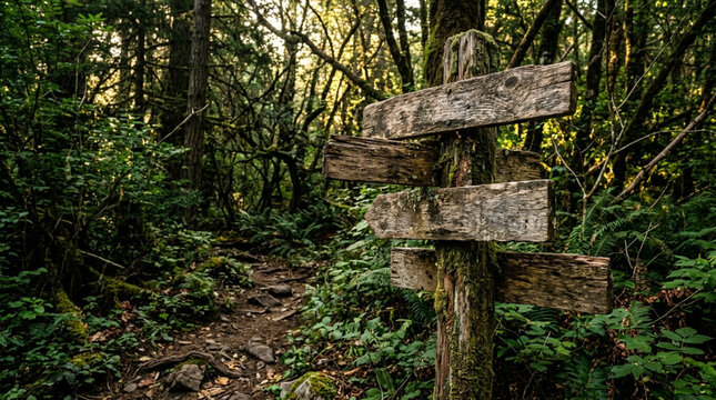Wooden signpost in a serene forest, divergence path, nature guide