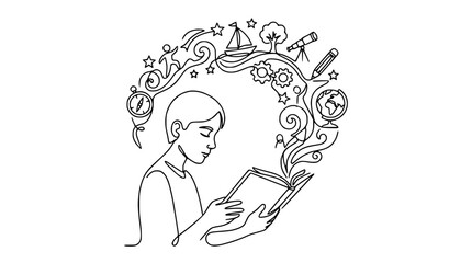 Boy reading book with imagination and knowledge symbols around head, isolated