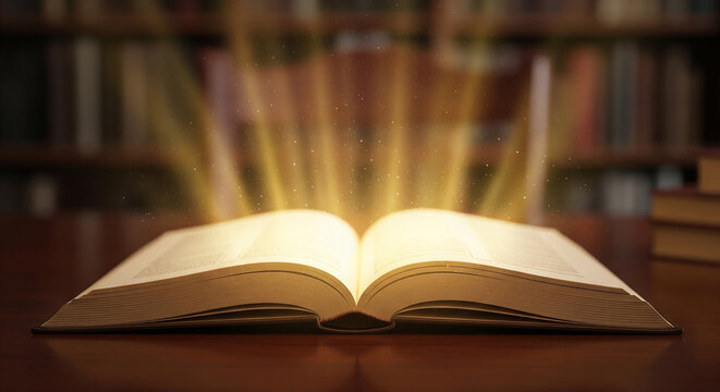 Glowing open book illuminating a dark mysterious library room perfect for illustrating high quality professional visual content