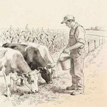Farmer in overalls feeding cows in a rustic barn with cornfield backdrop