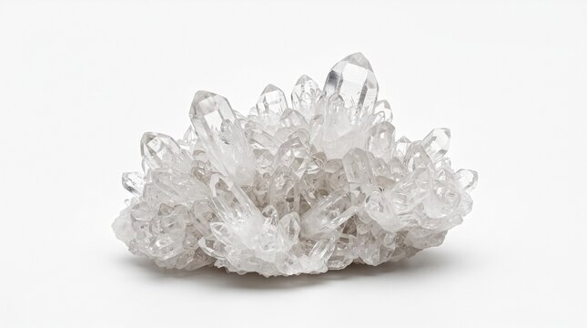 Clear quartz crystal cluster on white background, natural raw gemstone specimen, transparent mineral geode for healing and wellness