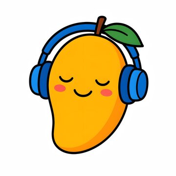 Cute cartoon ripe yellow mango character listening to music with big blue headphones. Suitable for music app mascot playlist cover sticker design tropical summer poster and food logo.