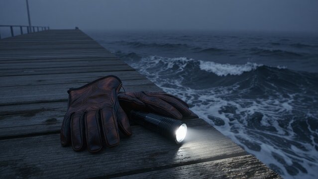 Leather Gloves and Flashlight on a Misty Dock by the Sea