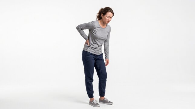 woman with back pain, back pain, lower back pain, backache, female back pain, back injury, spine pain, painful back, holding lower back, touching back, standing woman, female patient, muscle pain, spi
