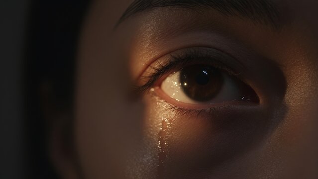 Close-up of Tearful Eye Reflecting Emotions in Soft Light
