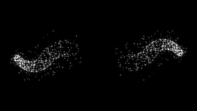 Glitter star sparkle effects featuring white cartoon blinking stars scattering across glowing starlight dust line to form shimmering doodle sparkle trail on black screen animation. 4k