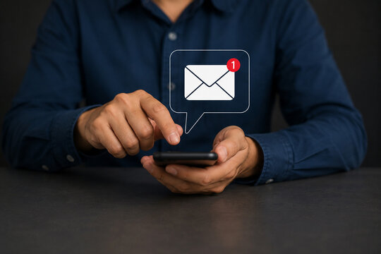 Email campaign alert concept. New email send notification for business e-mail communication. Digital marketing, internet technology. Inbox receives electronic message invite. Man touch on newsletter.