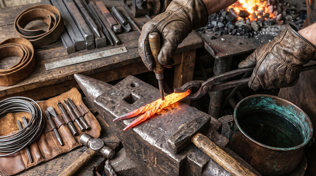 Blacksmith shaping a glowing red-hot metal rod with a hammer and tongs on an iron anvil in a workshop, surrounded by metalworking tools