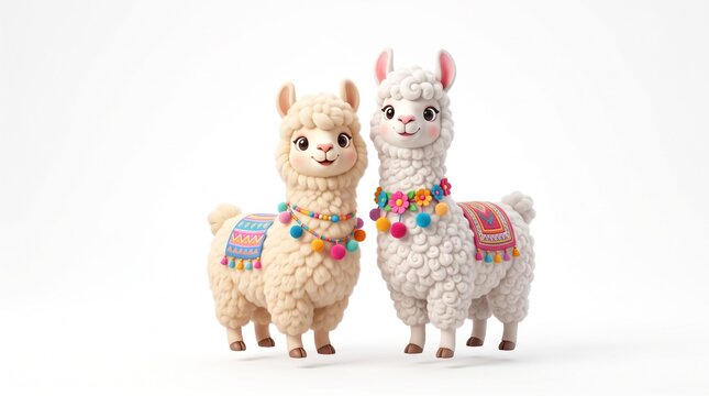 Cute 3D Fluffy Llamas Standing Together Isolated on White Background