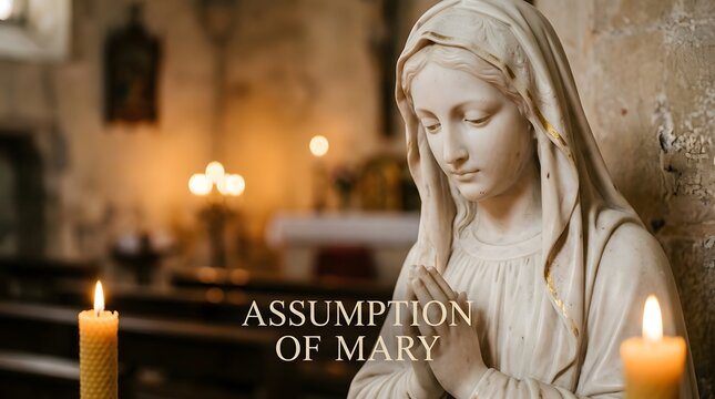 Assumption of mary stone statue prayer scene with burning candles, assumption