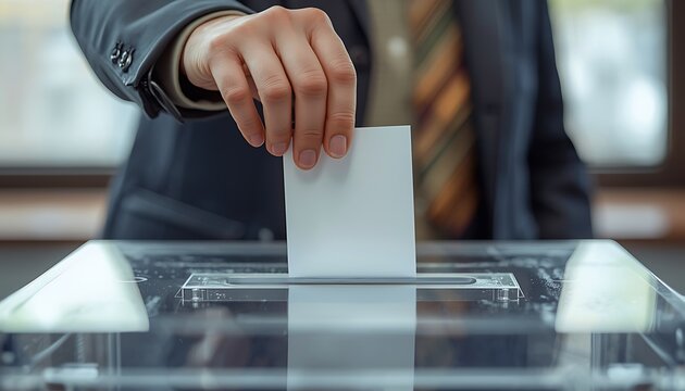 Person casting vote into clear plastic ballot box