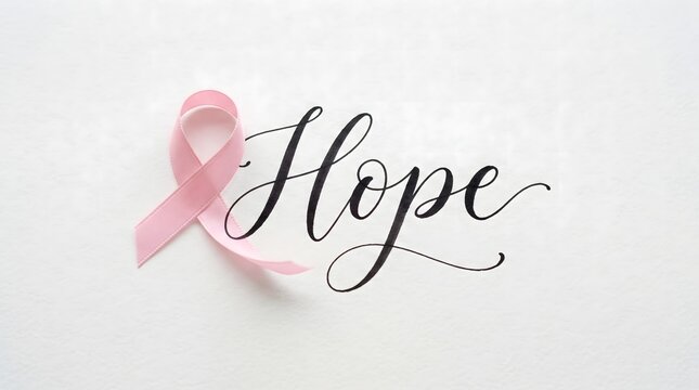 Pink ribbon symbol representing breast cancer awareness with the word hope written in elegant black calligraphy script