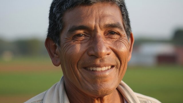 Smiling Older Man in Rural Landscape Captured at Golden Hour