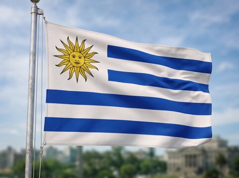 National flag of uruguay with blue and white horizontal stripes and a yellow sun of may emblem waving on a metal flagpole against a blurred outdoor background with a blue sky