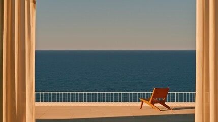 Fototapeta premium View through opening of soft beige curtains to wooden lounge chair placed on balcony overlooking deep blue calm ocean under clear pale sunset sky showing peaceful vacation concept
