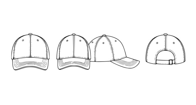 Structured Baseball Cap Front Side Rear Fashion Technical Vector Drawing