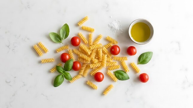 Dry fusilli pasta with tomatoes basil and olive oil.