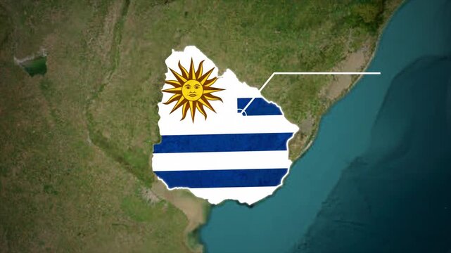 Uruguay Map with National Flag on South America Geographic Map, Uruguay Country Map and Flag Geographic Visualization, Uruguay Flag Map on South America, Uruguay Location Map with National Flag