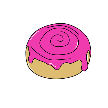 Freshly baked cinnamon roll with pink glaze icing