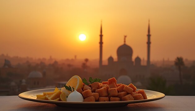 Plate of food with mosque silhouette at sunset time