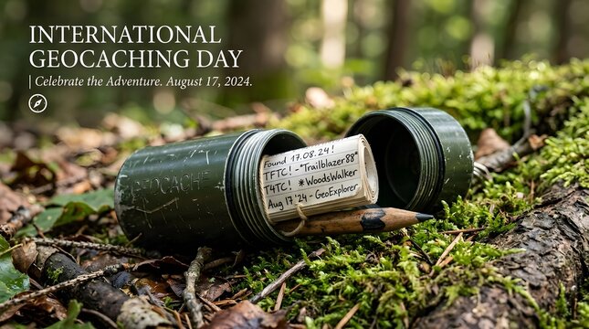 International geocaching day metal container hidden in mossy forest