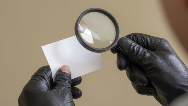 Close-up Examination of a White Card with Magnifying Glass in Hand