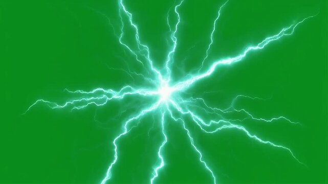 Bright white lightning bolts radiate from a central point against a vibrant green.