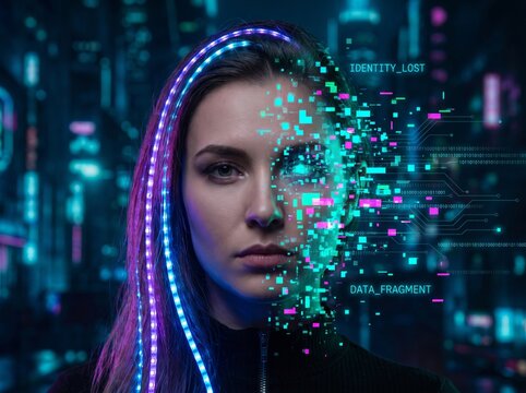 Young woman with digital data streams dissolving futuristic cyber face into binary code particles