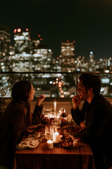 Fototapeta premium The couple celebrates their anniversary with a rooftop dinner, enjoying city lights and candlelight, as they share meals and laughter