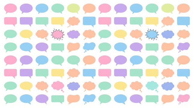 Pastel speech bubble collection, a charming array of colorful chat boxes and comic book elements, ideal for communication graphics and social media designs