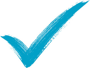 Blue checkmark icon PNG representing approval, confirmation, success and correct selection with a bold hand drawn brushstroke design, Isolated on Transparent Background © All