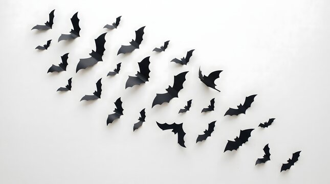 A swarm of bats silhouetted against a bright white sky in flight