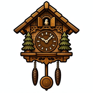 Traditional wooden cuckoo clock illustration with bird isolated on plain white background suitable for home decor graphics antique collection themes time management and interior design.